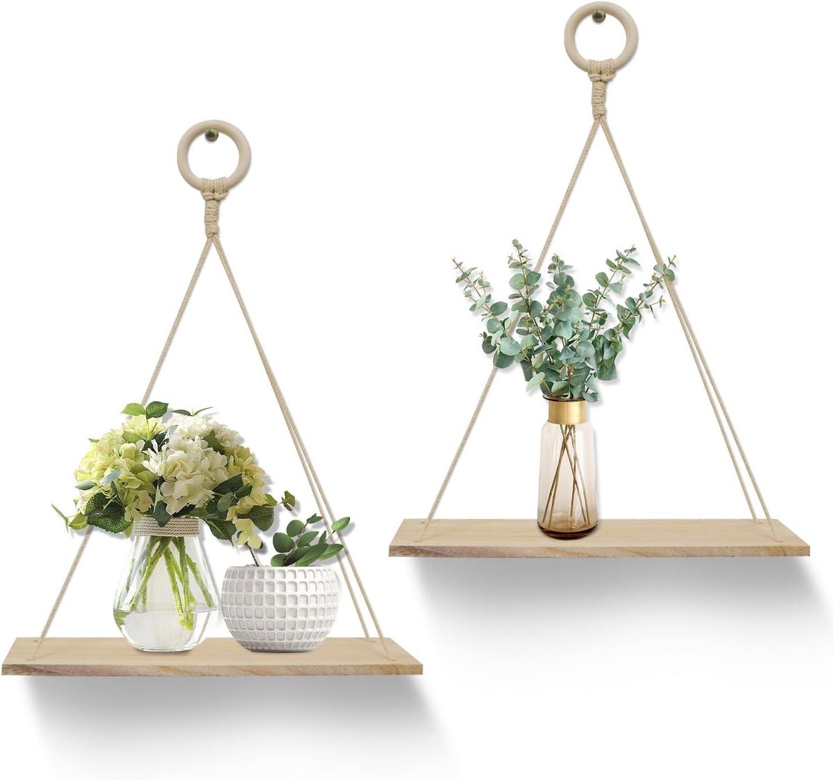 Touw Opknoping Drijvende Planken voor Muur - Set van 2 - Modern Houten Planken met