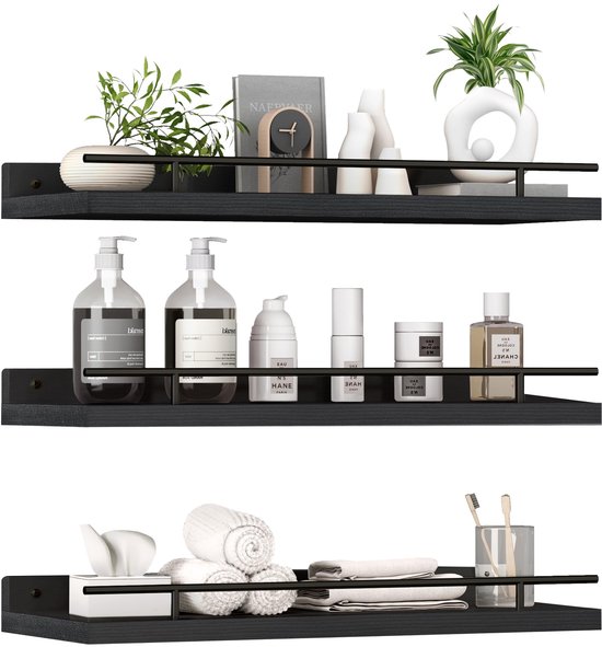 Set de 3 étagères murales en bois Zwart Ibenzoa® avec Sécurité métallique pour Diverse pièces