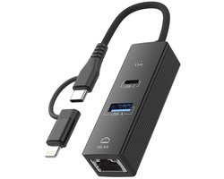 USB-C + 8-Pin naar USB-C Female + Ethernet (RJ45) + USB-A – geschikt voor Lightning – 3-in-1 Multiport Adapter kabel hub geschikt voor o.a. iPhone, iPad en Laptop – zwart