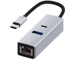 USB-C naar USB-C Female + Ethernet (RJ45) + USB-A Adapter – 3-in-1 Multiport Converter hub voor Laptop, Telefoon en Tablet – zilver