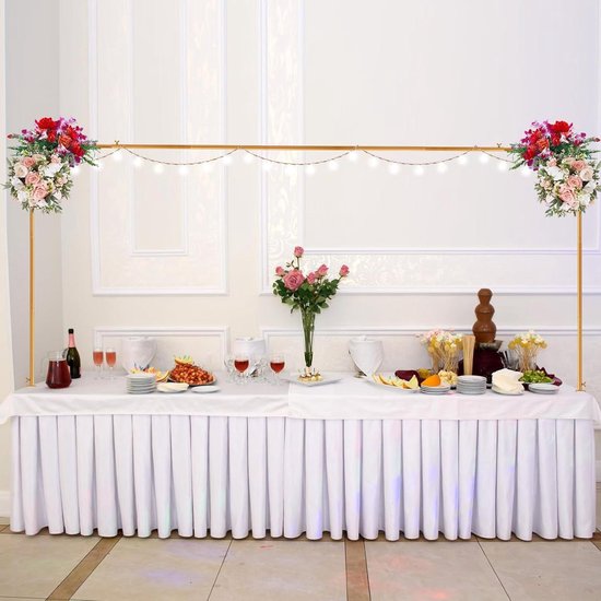 Tafelstang sierstang goudkleurig, verstelbare tafelboog met klemmen, 120 cm - 260 cm tafeldecoratiestang, metalen ophangstang voor Kerstmis, bruiloft, verjaardag, feestdecoratie