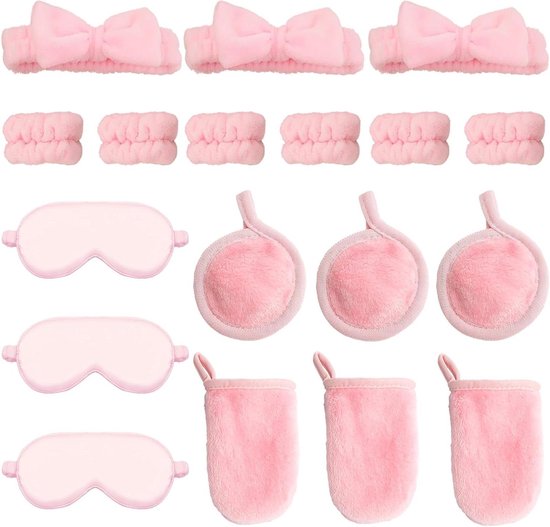 Foto: 18 delige spa party gunsten set met hoofdband wasband make up remover handschoen pads oogmasker en meer in roze ideaal voor slumber party en verjaardag herbruikbaar en van gesimuleerde zijde 