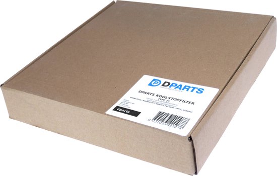 Emballage en carton brun avec étiquette indiquant 'DParts KOOLSTOFFILTER TYPE 15'.