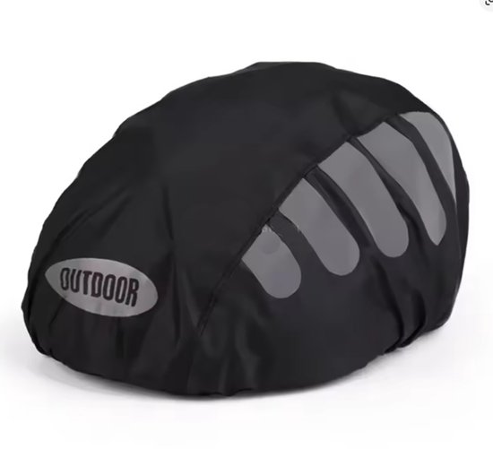 Zwarte fietshelmhoes met reflecterende strepen en "OUTDOOR" logo.