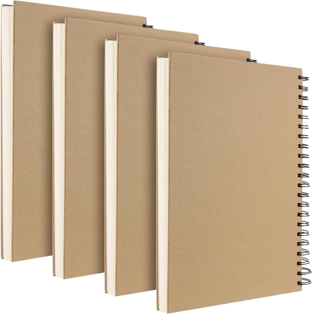 Allecto Plus - Spiral Sketchbook Notebook A4 Formaat 4 Stuks - 120 Pagina's - 160gsm - Spiraalgebonden - Kraft Omslag - Blanco Papier - Voor Schetsen, Tekenen en Scrapbooking