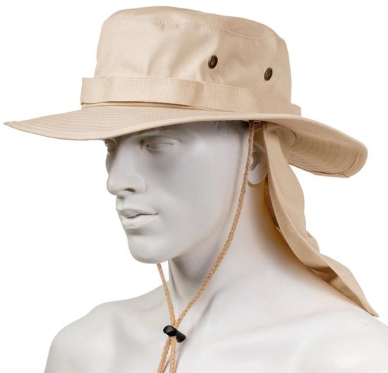 Safari hoed met nekbescherming - Bucket hat - Vissershoedje - Zonnehoed - Met kinband - Katoen - Beige