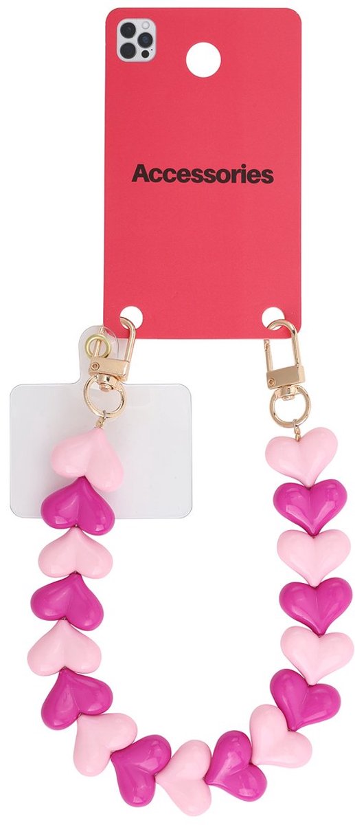 Telefoonkoord - Pink Hearts Phone Cord (lichtroze/donkerroze) - Geschikt voor iPhone - Geschikt voor Samsung - Universeel Phone Cord - Telefoonketting - Telefoonhanger - Ketting met hartjes - Roze