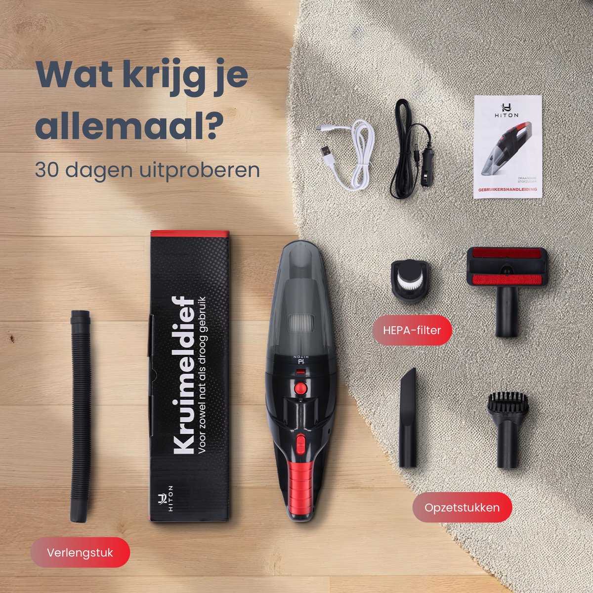 Hiton Kruimeldief - Kruimeldief snoerloos - Handstofzuiger - Auto stofzuiger - Kruimelzuiger - 4 opzetstukken — afbeelding 4
