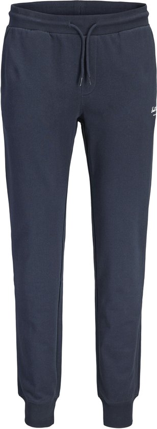 Donkerblauwe joggingbroek van Jack & Jones met trekkoord en klein logo op de zijkant.