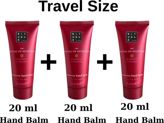 Drie reisformaat tubes handbalsem van 20 ml elk, met de tekst 'Travel Size'.