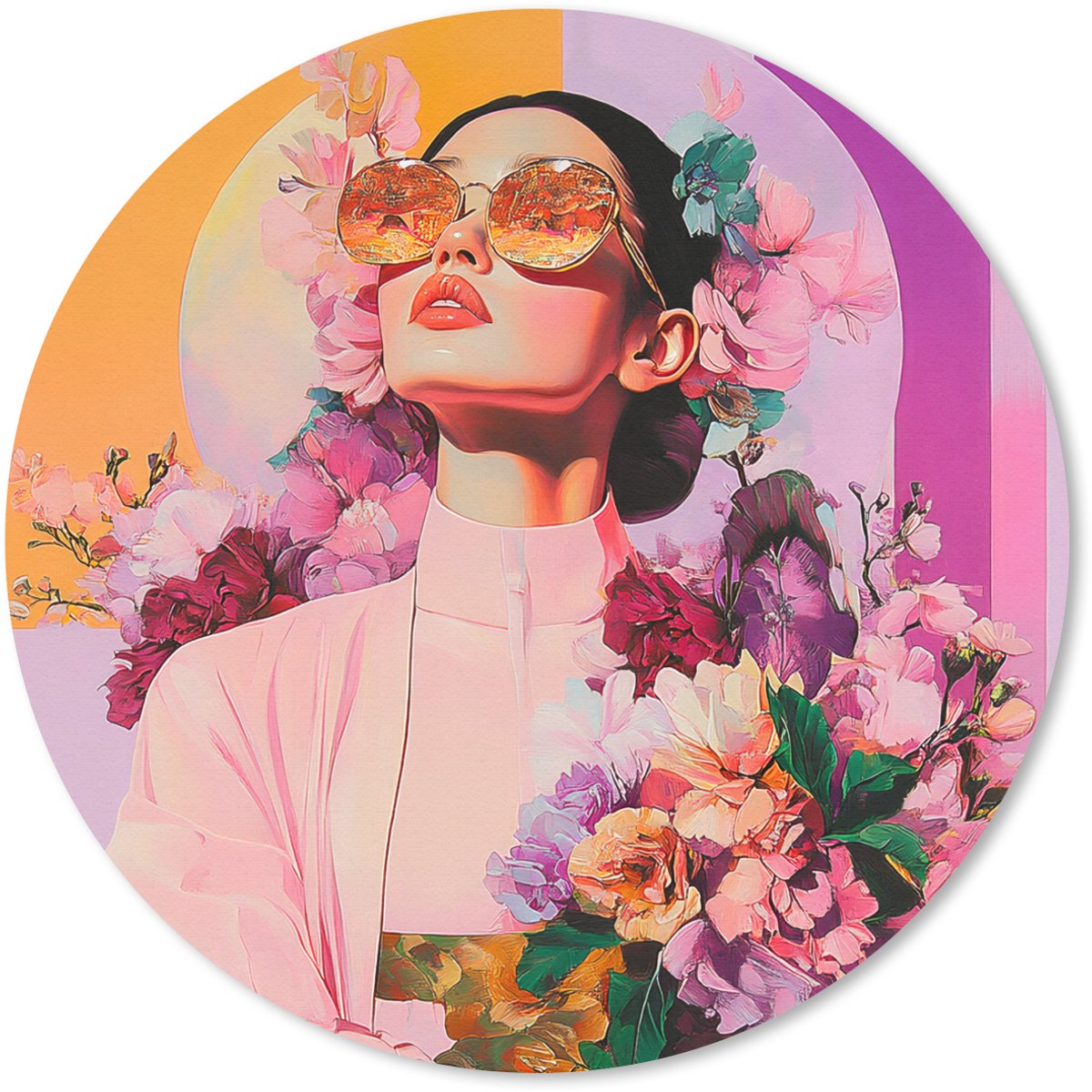 Muismat rond 50x50 cm - Mousepad Portret - Vrouw - Abstract - Bloemen - Ronde muismatten