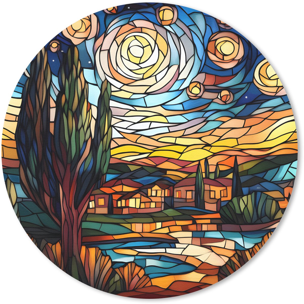 Muismat rond 40x40 cm - Mousepad Hemel - Sterren - Mozaïek - Huizen - Ronde muismatten