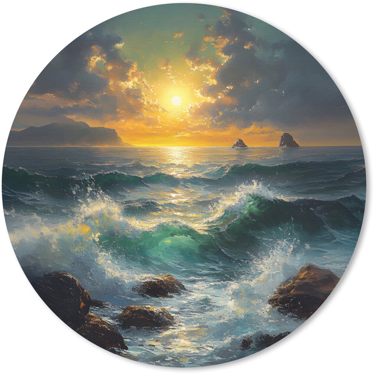 Muismat rond 30x30 cm - Mousepad Zee - Zon - Golven - Rotsen - Ronde muismatten