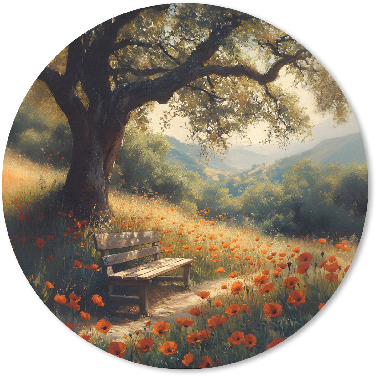Muismat rond 50x50 cm - Mousepad Bankje - Boom - Klaprozen - Heuvels - Ronde muismatten