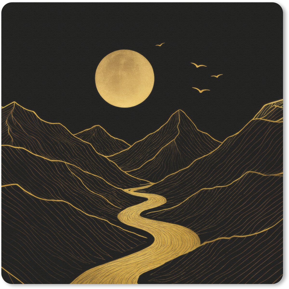 Muismat 20x20 cm - Mousepad Rivier - Goud - Maan - Vogels - Muismatten