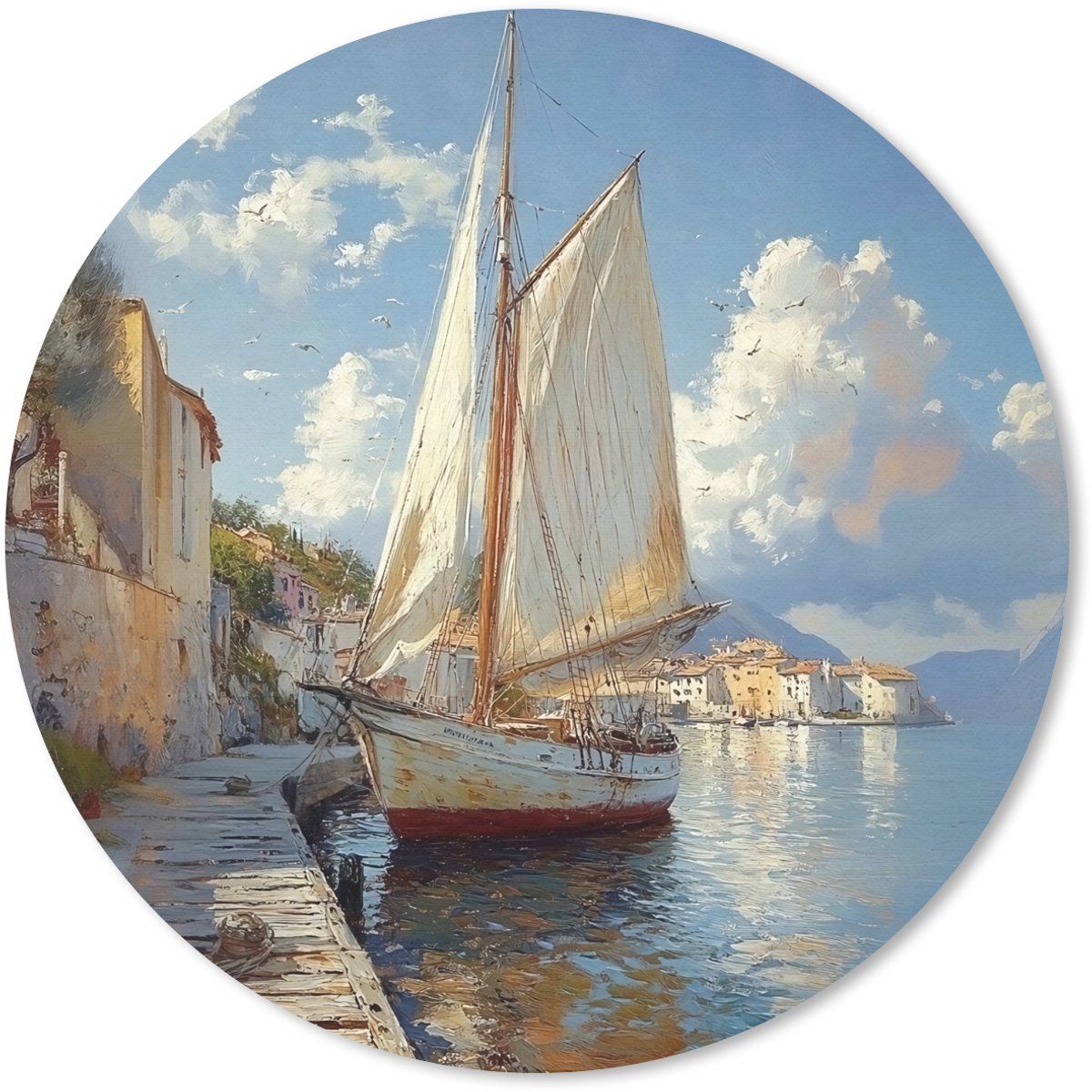 Muismat rond 40x40 cm - Mousepad Zeilschip - Huizen - Kade - Zee - Ronde muismatten