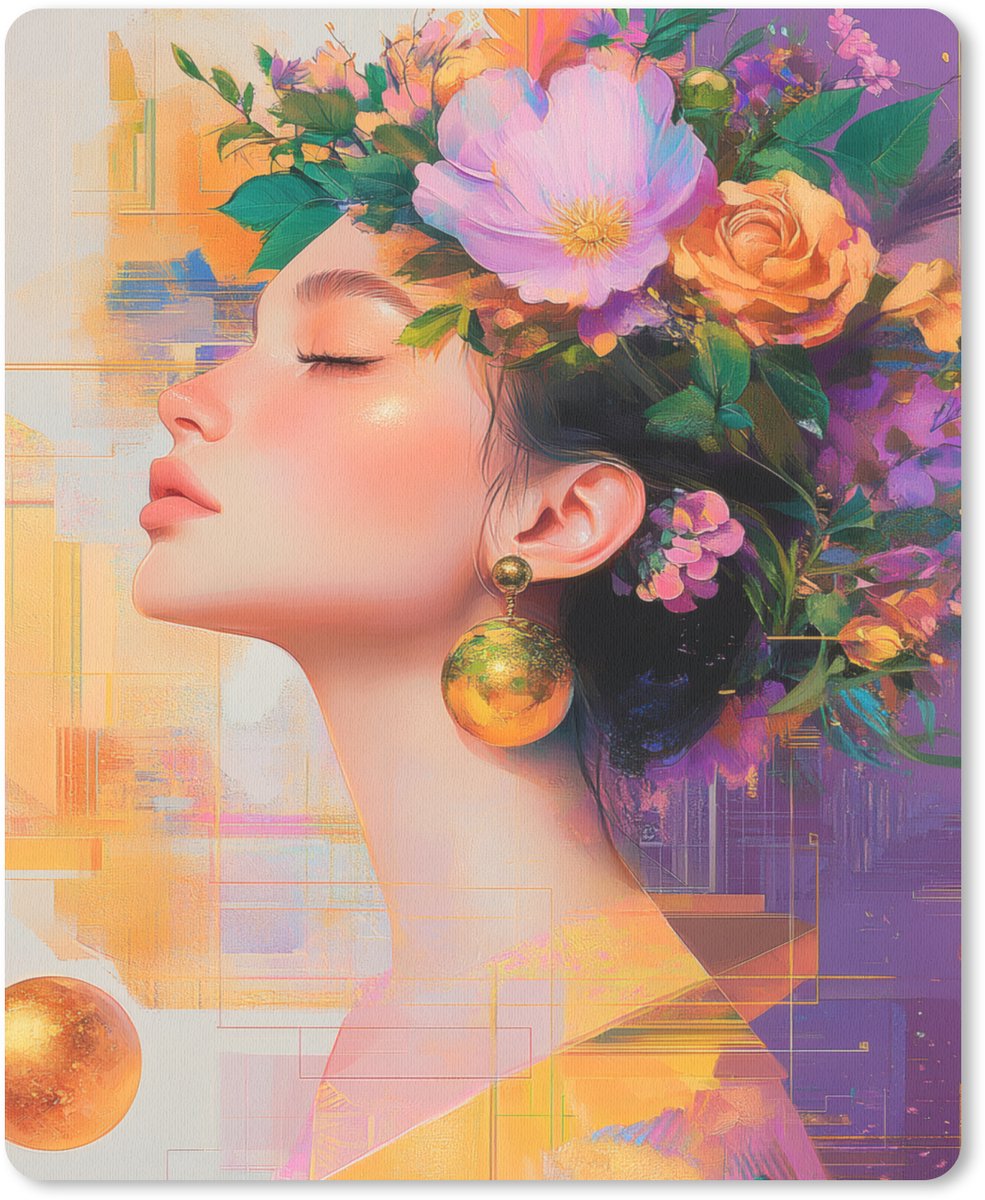 Muismat 19x23 cm - Mousepad Abstract - Vrouw - Bloemenkroon - Goud - Muismatten