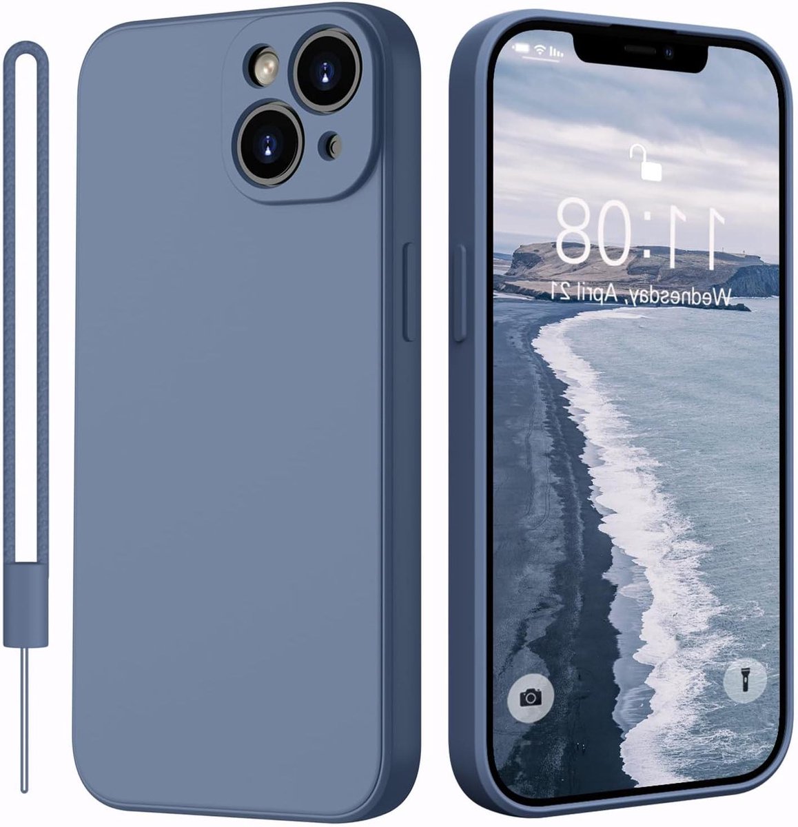 Allecto Plus - Siliconen hoesje met koord voor iPhone 14 | Dunne telefoonhoes 5G blauwgrijs | Rondom bescherming, stootvast en krasbestendig