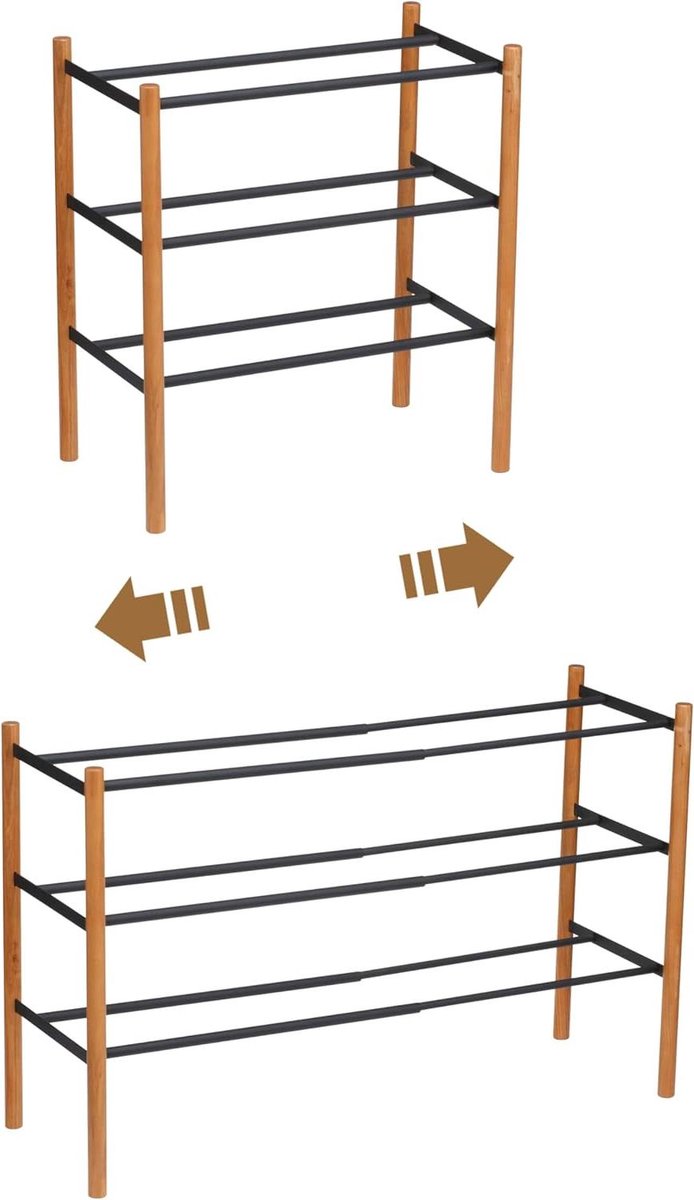Extendable 3~Tiered Shoe Rack black Steel/Wood 41~70 x 25 x 45.5cm