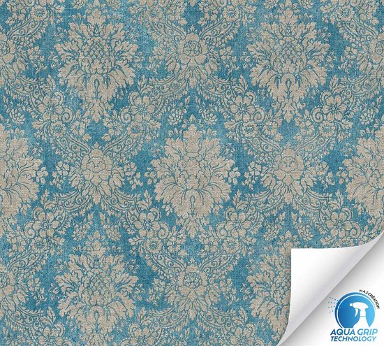 Papier peint bleu sarcelle avec un motif baroque classique et détaillé en beige clair.