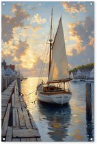 Tuinposter 80x120 cm - Tuindecoratie Zeilboot - Zon - Pier - Hout - Poster voor in de tuin - Buiten decoratie - Schutting tuinschilderij - Tuindoek muurdecoratie - Wanddecoratie balkondoek