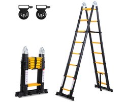 Telescopische Vouwladder - Telescopische Ladders - Soft Close - Werkhoogte 2,5m+2,5 m -geel zwart met stabilisator + wielen
