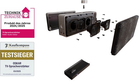Exploded view van de luidspreker, met onderdelen zoals speakers en de basis. Twee certificaten: 'Technik Zuhause Produkt des Jahres 2024/2025' en 'Kaufkompass Testsieger'.