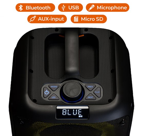 Zwarte luidspreker met dubbele woofers met kleurrijke LED-verlichting. Bovenop zijn de knoppen, display en aansluitingen: Bluetooth, USB, microfoon, AUX, Micro SD.
