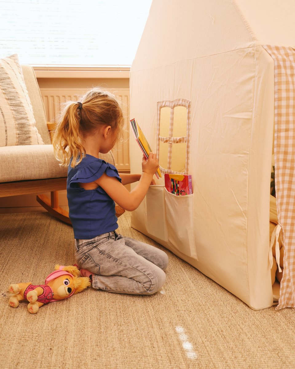 NOVOB® Speeltent - Kinder tent Jongens & Meisjes - Speelhuis voor Binnen - Kinderspeelgoed 3 t/m 8 jaar- Incl. Zachte Mat met Verlichting, 2 Vlaggetjes & Opbergvakken - Beige/Bruin — afbeelding 13