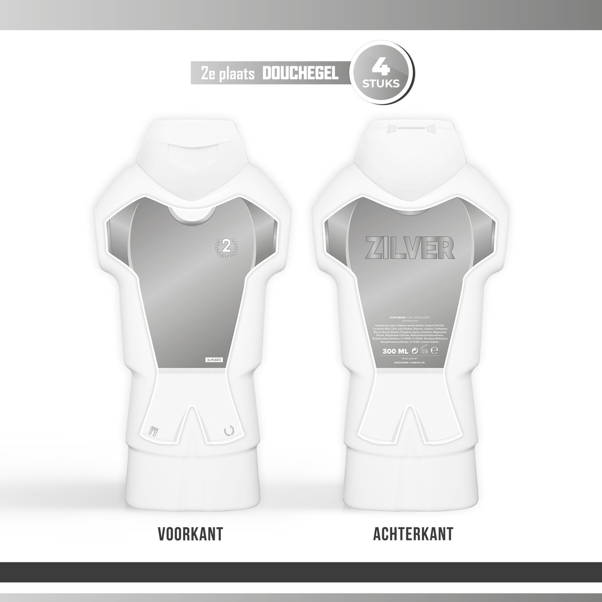 Goedkoopste Douchegel 2e Plaats / Zilver - 4 stuks - | Prijs - Cadeau - Toernooi - Showergel - Shower gel - Voetbal - Prijzen
