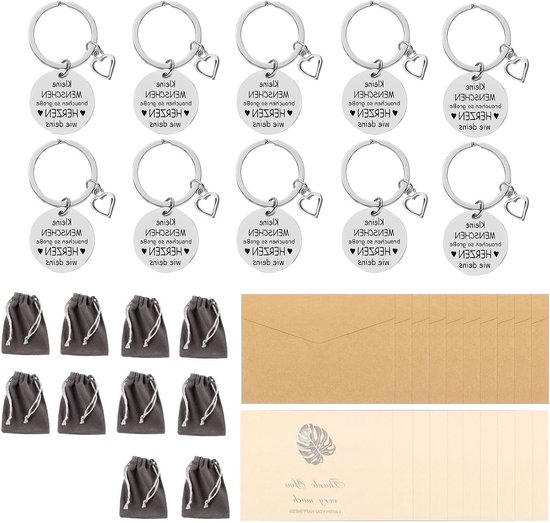 Allecto Plus - Sleutelhanger met hart koordtas en wenskaart - 10 stuks - Afscheidscadeau voor leraren en opvoeders - Zilverkleurig - Bedankjes en cadeaus voor opvoeders - Gemiddelde grootte