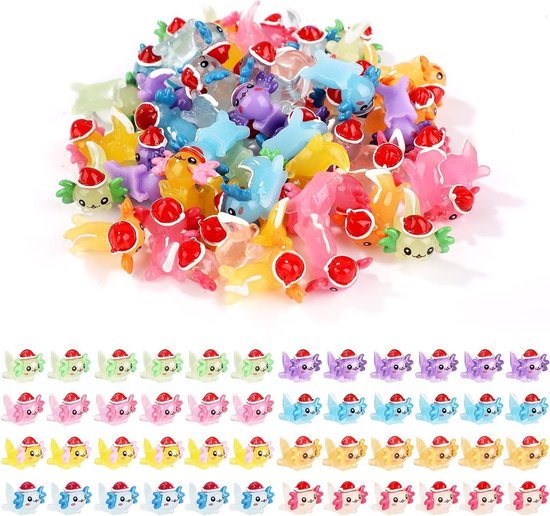 Allecto Plus - 48 Mini Figurines d'axolotl de Noël en résine - Glow dans le noir - DIY - Craft - Couleurs Diverse