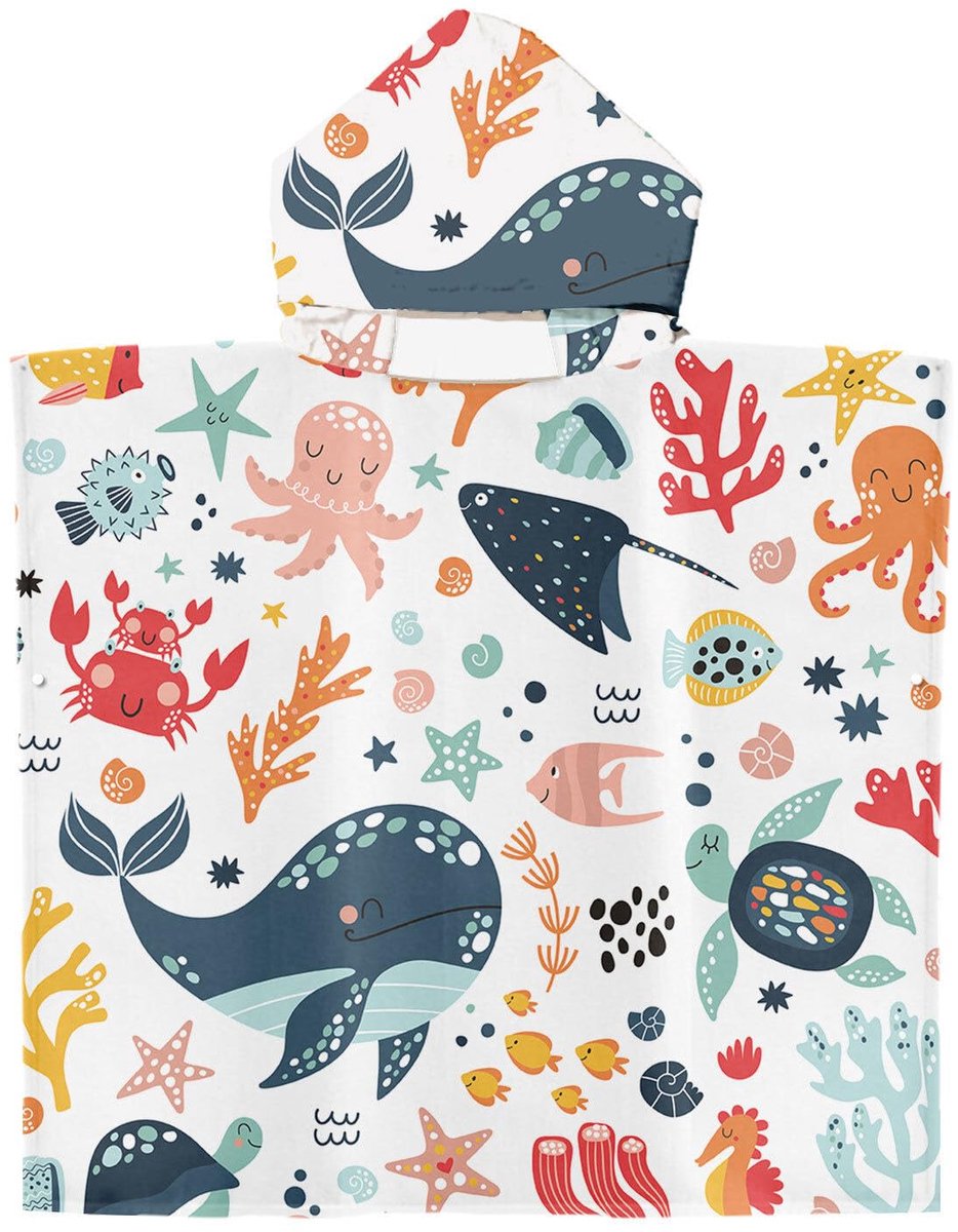 Ibenzoa® Kindvriendelijke Badponcho met Capuchon en Levendige Zeedierenpatronen voor 2-8 Jaar