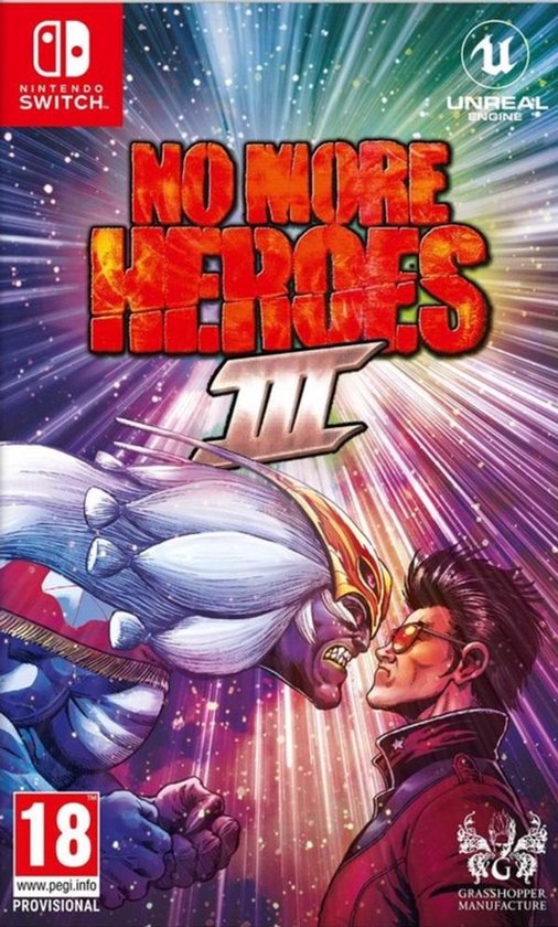 De cover art van het Nintendo Switch spel No More Heroes III, met twee vechtende karakters en de PEGI 18 rating.