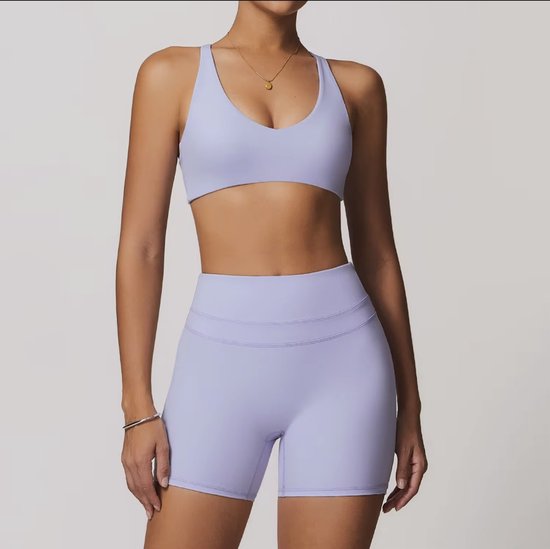 Set de sport Eclipse - Taille S - Lilas - Ensemble de sport 5 pièces avec soutien-gorge, haut à manches courtes, haut à manches longues, legging taille haute et short - Violet - Sans coutures et coupe Comfort