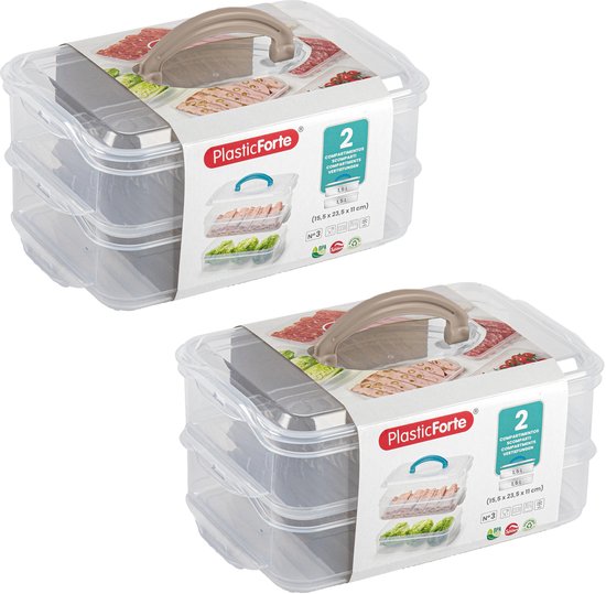 Foto: Plasticforte lunch en vleeswaren bewaarbakjes 2x transparant 24 x 16 x 11 cm 2 lagen broodbeleg vershouddoos vershoudbakjes