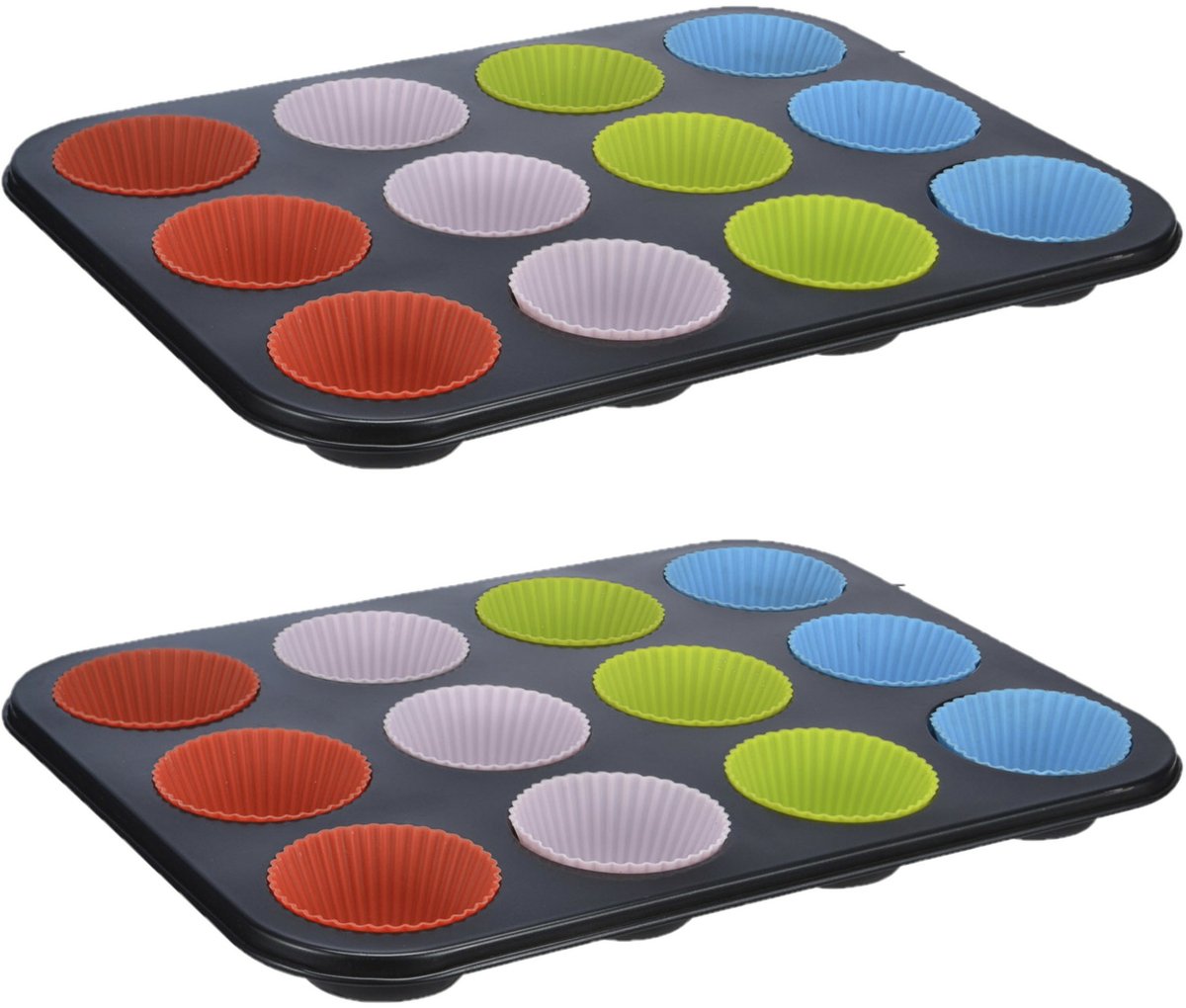 HI Muffin vorm/bakvorm - 2x - zwart - voor 12 muffins - siliconen coating - 35 x 26,5 x 3 cm