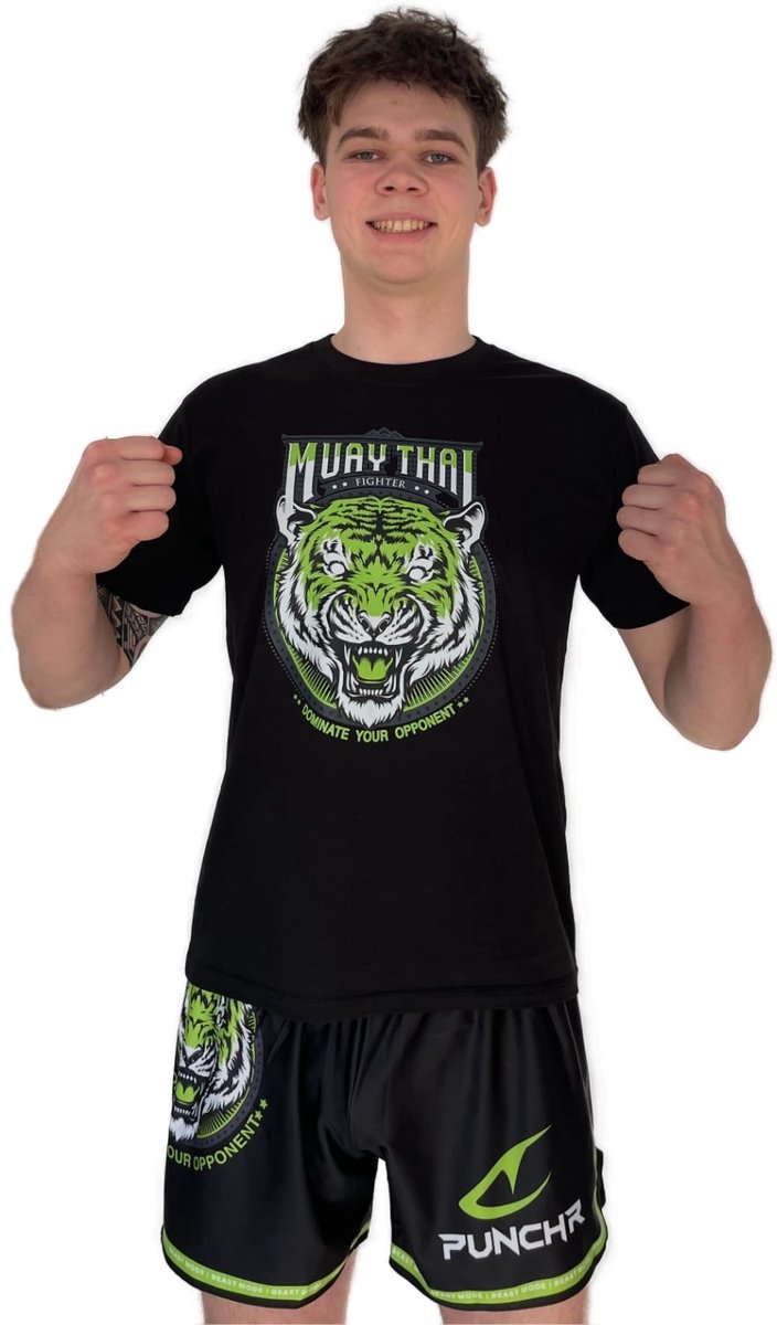 PunchR™ Dominate Tiger T-Shirt Kids Katoen Zwart Groen - Maat 140 | 10 Jaar
