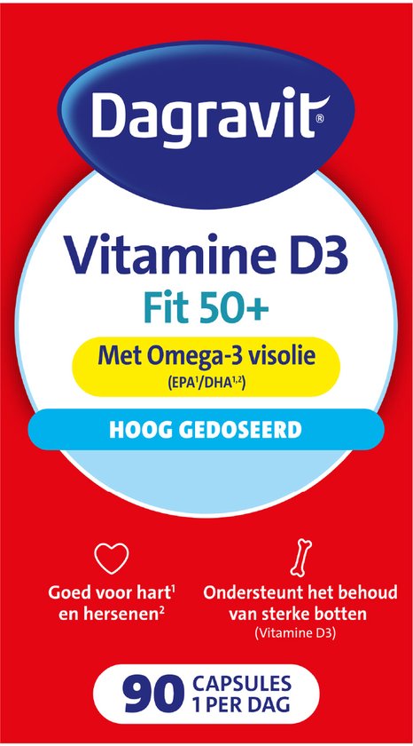 Dagravit Vitamine D3 Fit 50+ met Omega-3 Visolie, hoog gedoseerd, 90 capsules per dag.