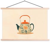 Posterhanger incl. Poster 60x40 cm - Schoolplaat - Oranje - Theepot - Bloemen - Bladeren - Textielposter - Blanke latten