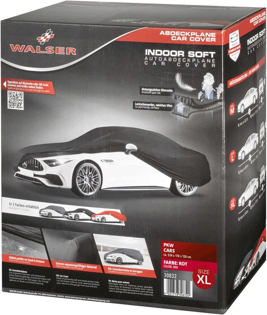 Een autoverdekking in doos, met afbeeldingen van een auto en de tekst 'Indoor Soft Autodeckplane'.