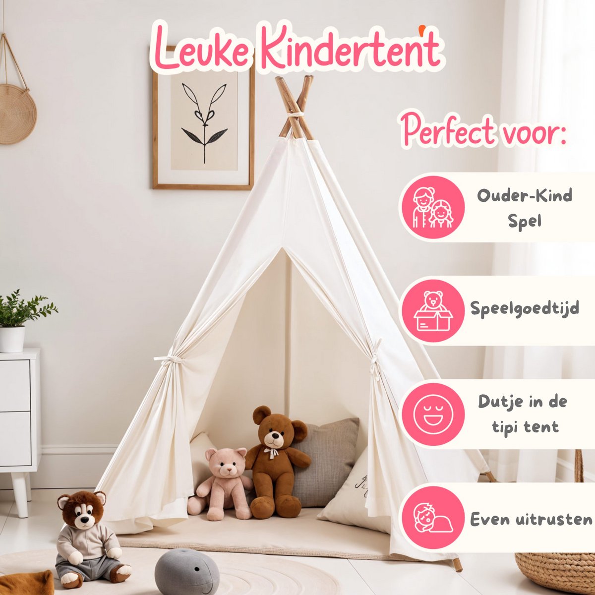 ZoeZo Design - Tipi Tent - Off-White - voor Kinderen - 100% Katoen - Wigwam Speeltent - Kindertent - Speeltent - Tipitent Speelhuis - 120x120x150cm — afbeelding 9