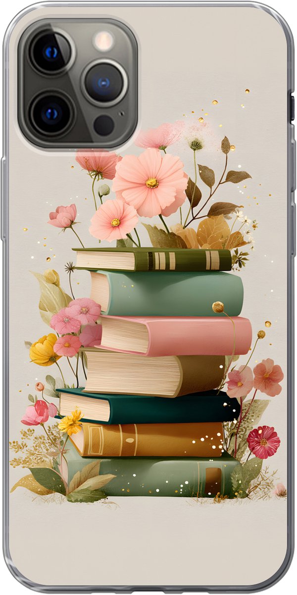 Telefoonhoesje Geschikt voor iPhone 12 Pro hoesje - Boeken - Stapel - Bloemen - Kleurrijk - Siliconen Telefoonhoesje Telefoonhoesje