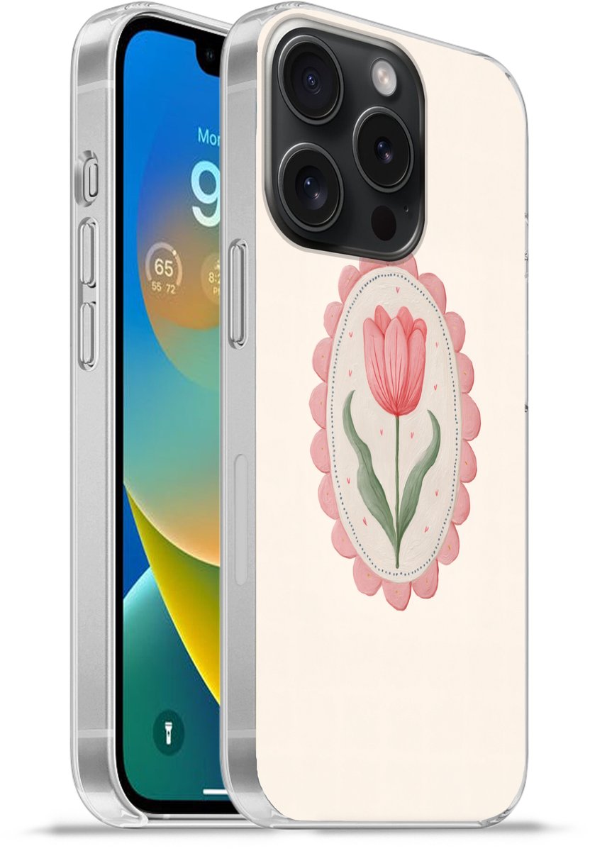 Telefoonhoesje Geschikt voor iPhone 15 Pro hoesje - Tulp - Lijst - Ovaal - Illustratie - Siliconen Telefoonhoesje Telefoonhoesje