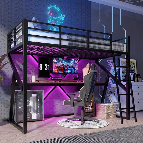 Lit mezzanine - 90 x 200 cm - avec éclairage LED- garde-corps - escalier - bureau - sans matelas - noir