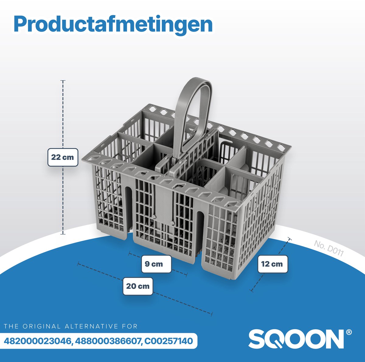 SQOON® Universeel Bestekmand voor Vaatwasser – 8 Vakken – Hittebestendig – Met Inkeping – 210 x 162 x 220 mm - Geschikt voor IKEA, Whirlpool, Bauknecht, Indesit 482000023046 488000386607 C00257140 C00262655 — afbeelding 3