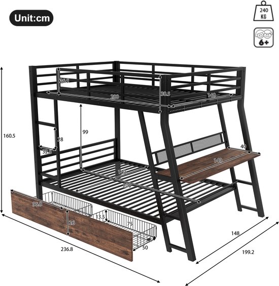 Lit mezzanine avec éclairage LED- 140 x 200 cm - tiroir - garde-corps - escalier - bureau - sans matelas - noir