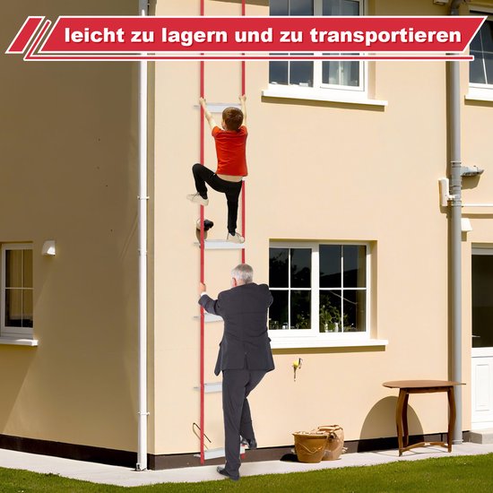 Een volwassen man en een jongen gebruiken een rode brandladder om uit een raam te ontsnappen. De tekst 'gemakkelijk op te bergen en te vervoeren' is zichtbaar.