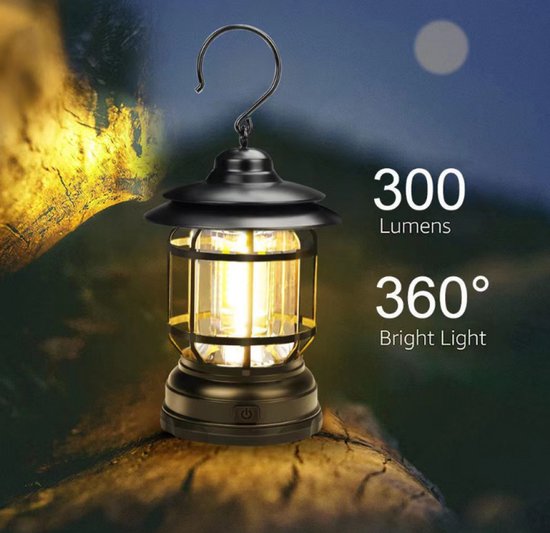 Tentlampen - Camping Lantaarn - Tent Lamp - Outdoor - Draagbare Kampeerlamp - Tentlamp - Acculamp - LED Lamp - Retro Camping Lamp Oplaadbaar LED - Noodpakket - Buiten Lantaarn - Ophangbaar - Oplaadbaar - Zwart — afbeelding 5