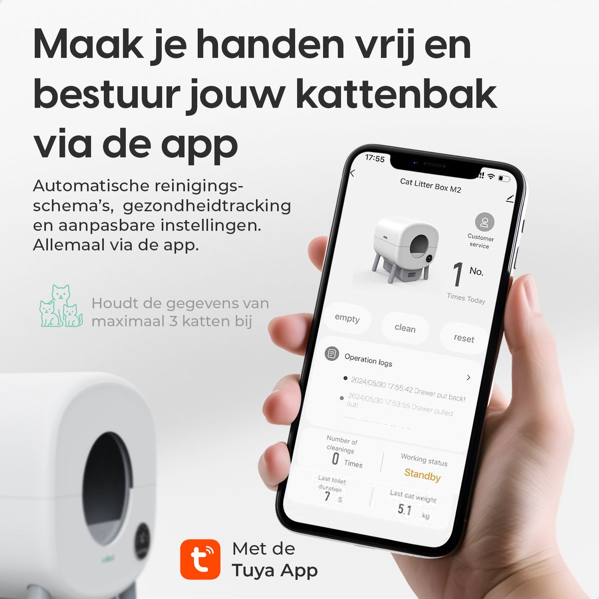 Cellavi Zelfreinigende Kattenbak NEO-B - Automatische Kattenbak met App - Extra Groot XXL (95L) - Stankvrij - LED Verlichting - Voor 1 t/m 3 Katten thumbnail 4